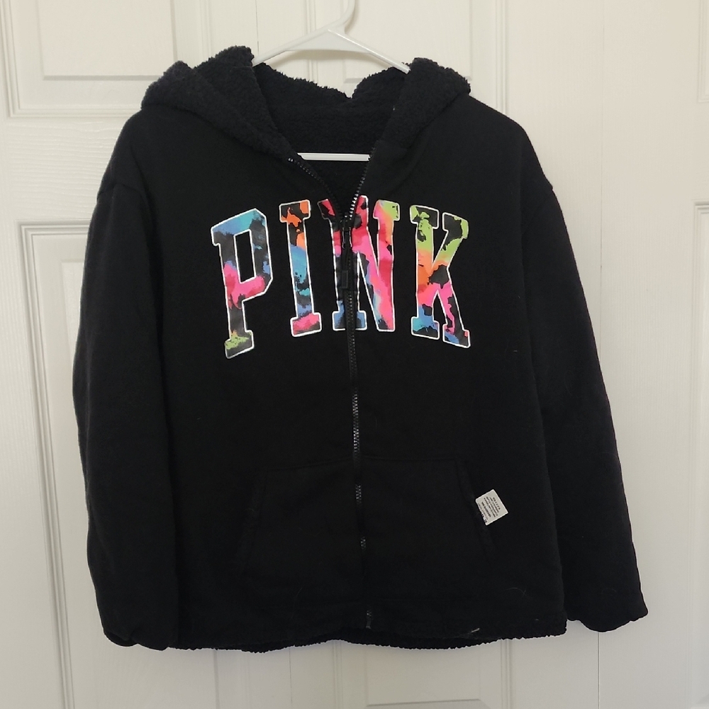 PINK Victoria's Secret Black Sherpa Hoodie with Multicolor Tie-Dye Logo